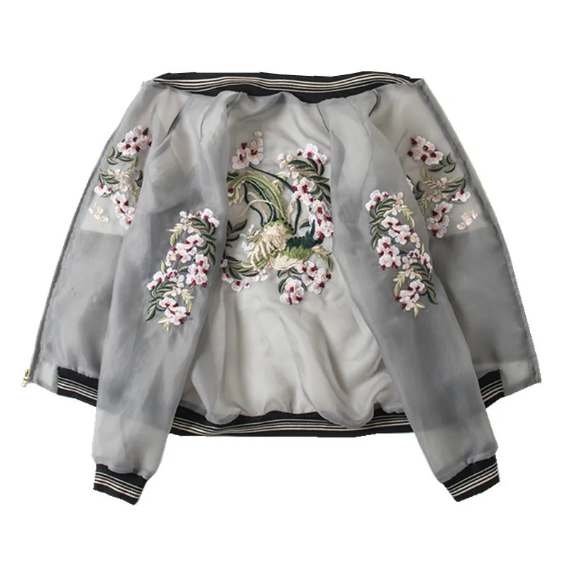 Men s Vests Organza Vintage Flower Embroidered Baseball jacket Women Casual Bomber Ropa mujer Summer casual Thin Sunscreen coat 231219