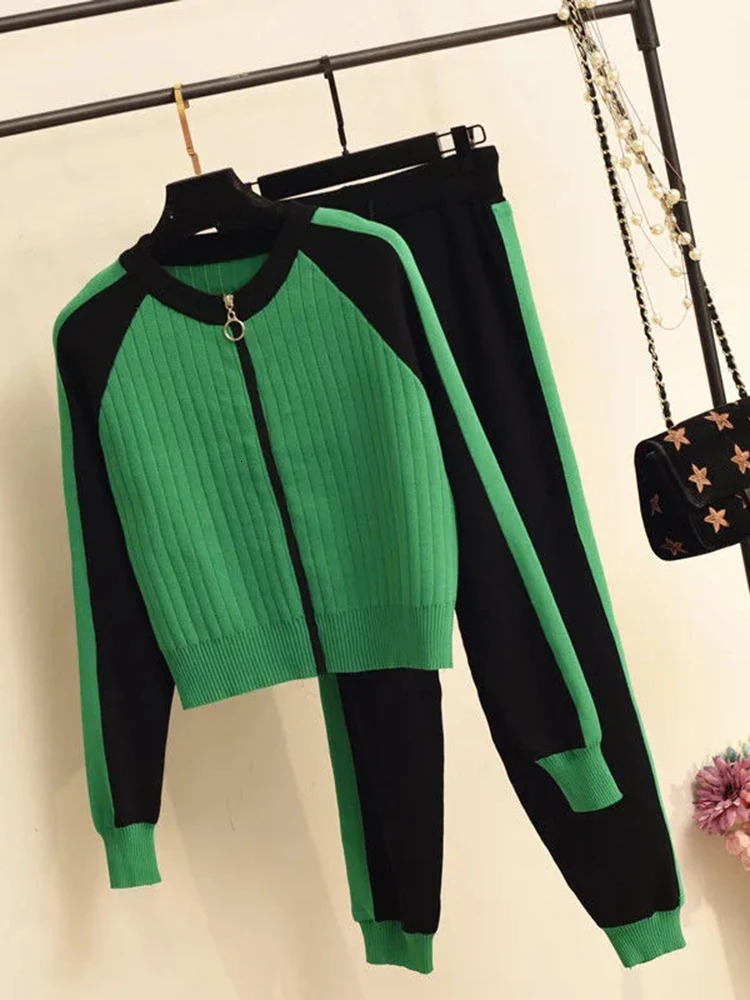 Women's Two Piece Pants Casual O-neck Patchwork Sweater 2 Piece Set Slim Women Zipper Sueter Tops Conjuntos Mom Jogger Knitwear Pant Ensembles 23