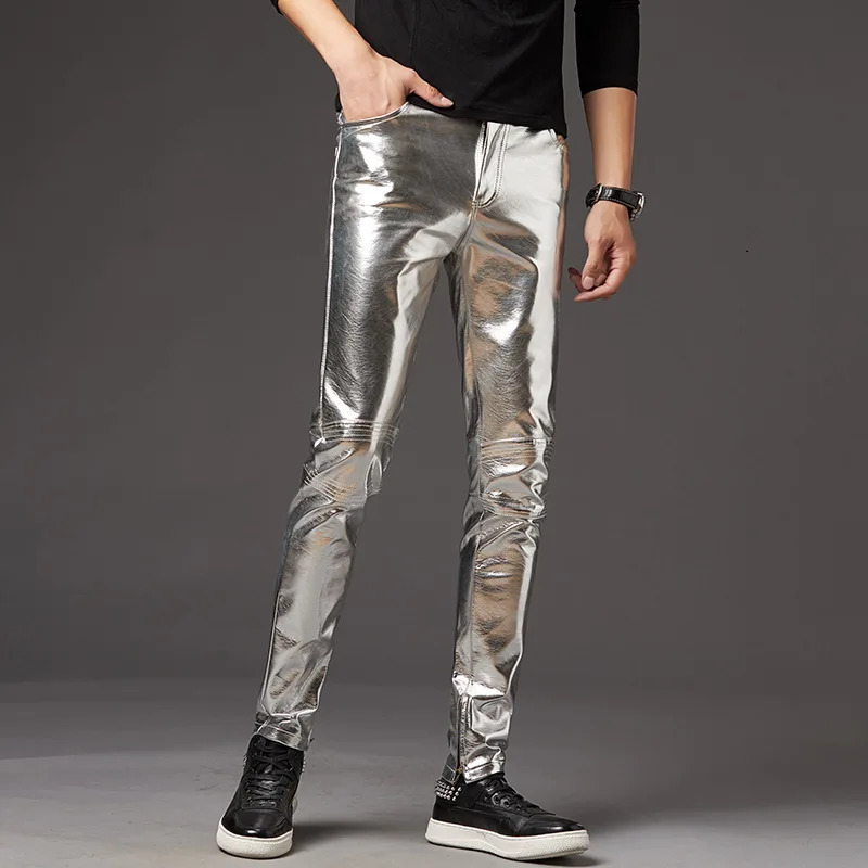 Men's Pants PU Leather Shiny Slim Fit Fashion Nightclub Party Trousers Dance Thin 231218