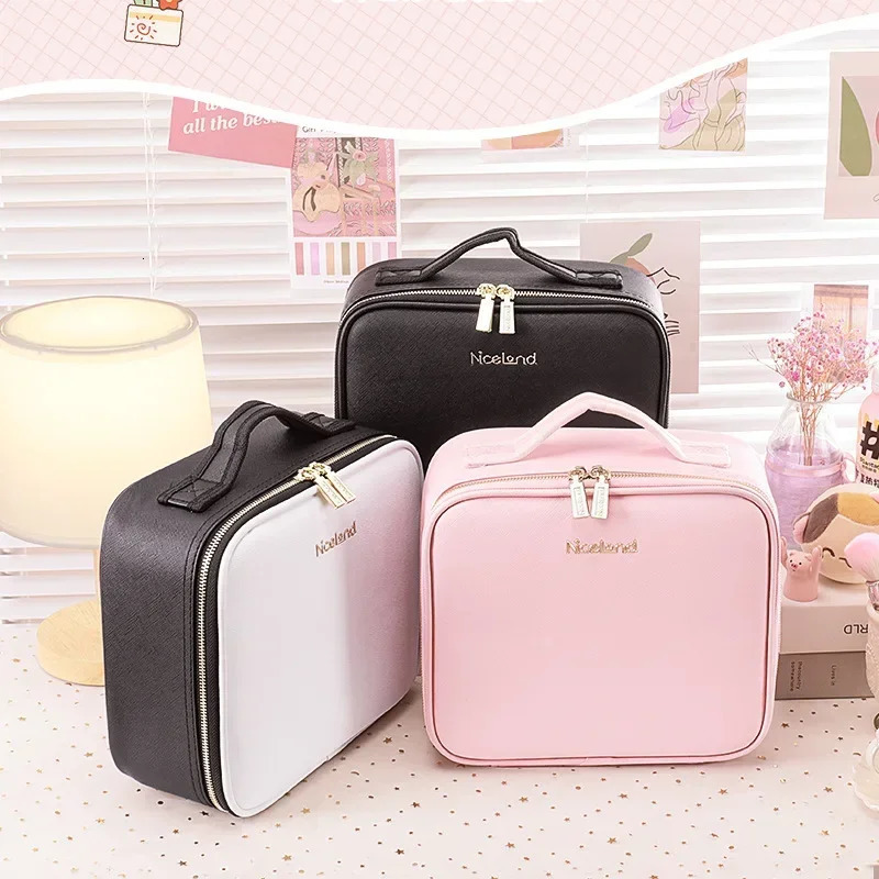 Cosmetic Bags Cases Makeup Train Case with 3 Color Adjustable Brightness LED Mirror Cosmetic Travel Case Adjustable Dividers Toiletry Bag for Lady 231