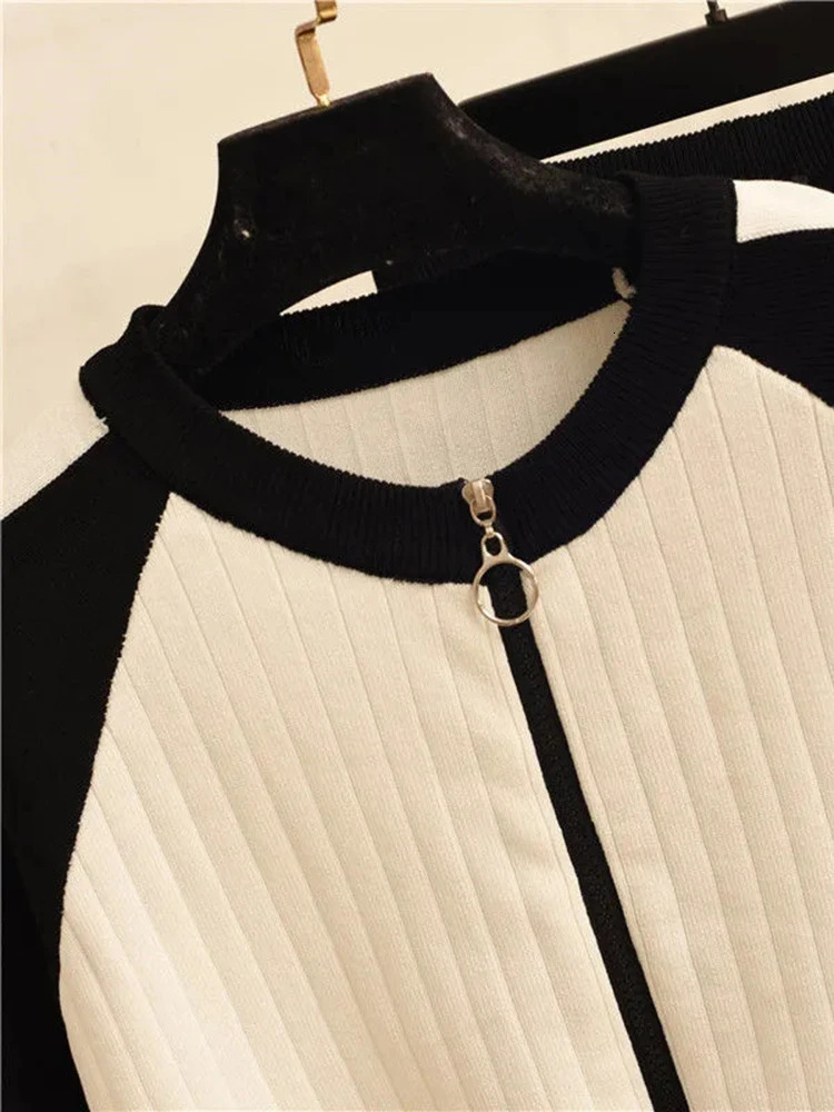 Women's Two Piece Pants Casual O-neck Patchwork Sweater 2 Piece Set Slim Women Zipper Sueter Tops Conjuntos Mom Jogger Knitwear Pant Ensembles 23