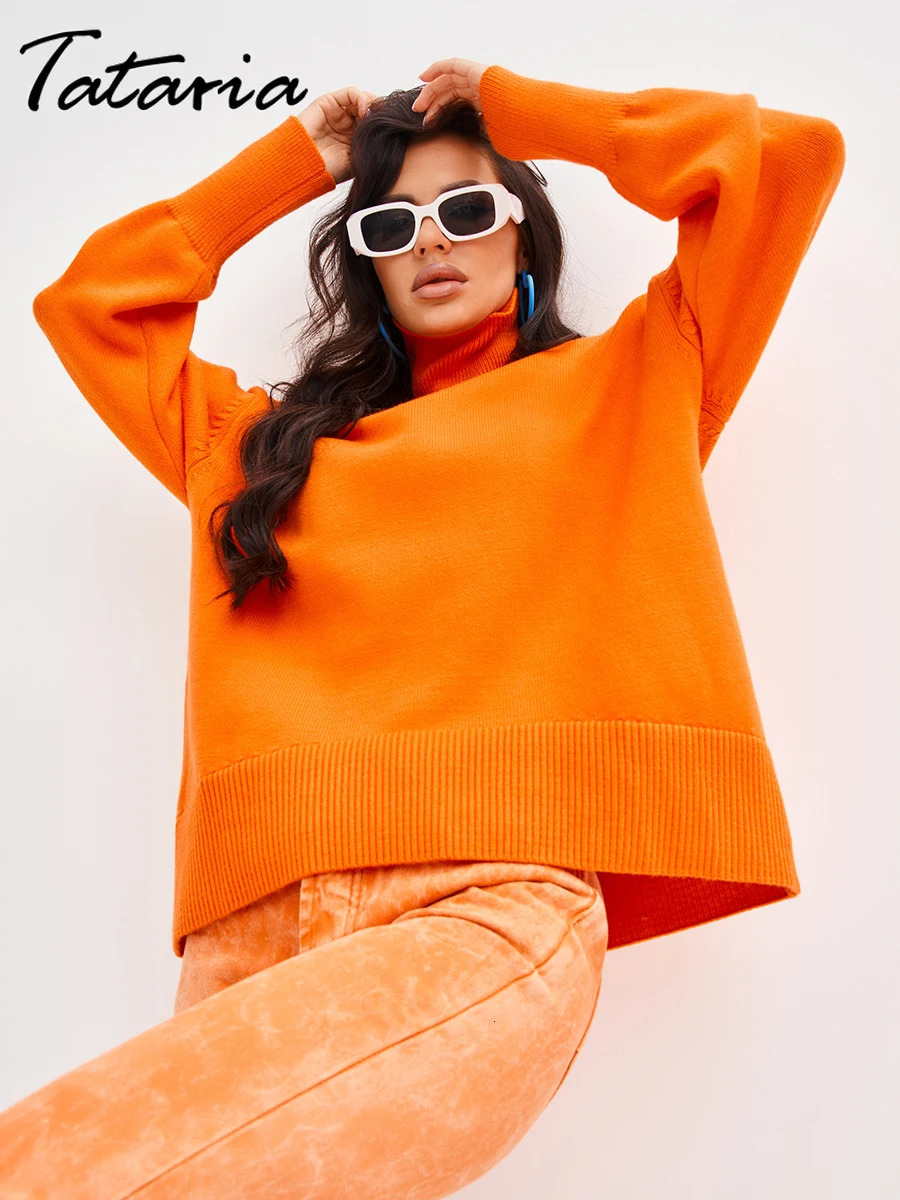 Women's Sweaters Candy Color Turtleneck 2023 Autumn Loose Orange Oversize Sweater Knitted Top with Sleeves Pullovers for Women Jumpers 231218