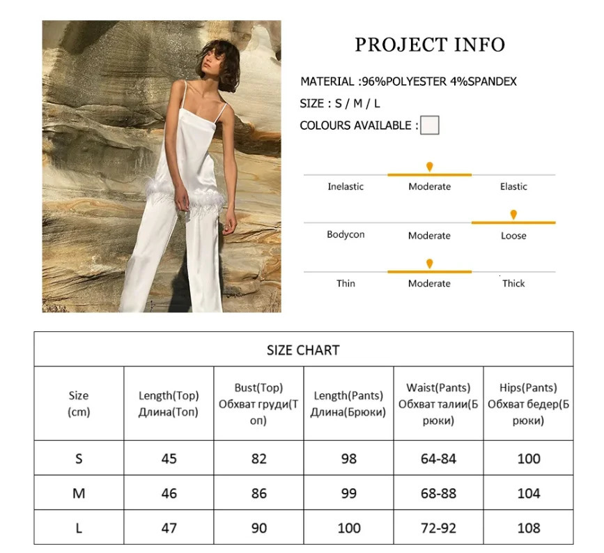 Women's Sleepwear Chic Satin Pajamas With Feathers Women Sets Pants Black Spaghetti Strap Home Suit White Trouser Suits 231219