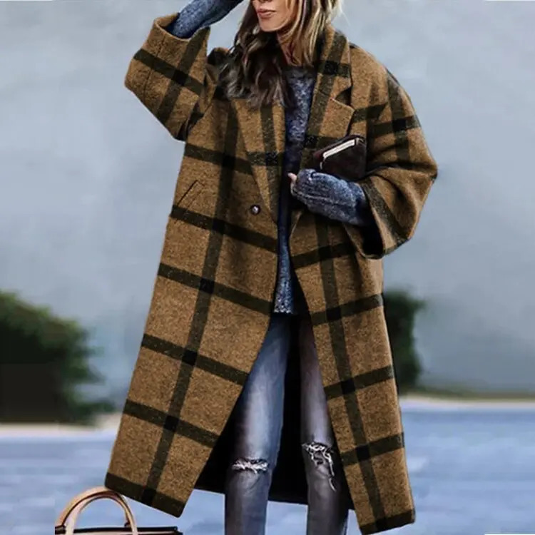 Women's Wool Blends Winter Clothe's Color Blocking Plaid Long Sleeve Lapel Coat Printed Dragon and Phoenix Woolen Casual Street Clothes 2312