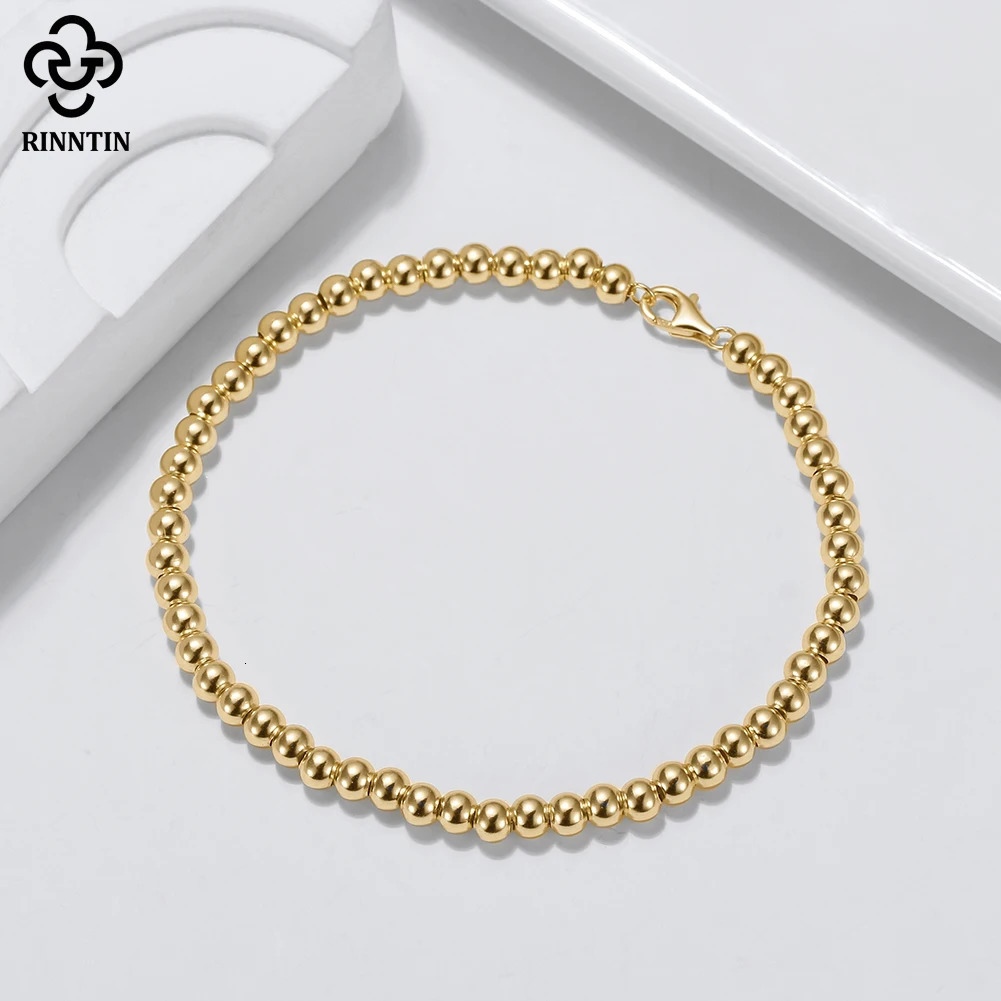 Charm Bracelets Rinntin 14K Gold 925 Sterling Silver 4mm Bead Ball Strand Chain Bracelet for Women Trendy Handmade Bracelets Jewelry SB103 231218