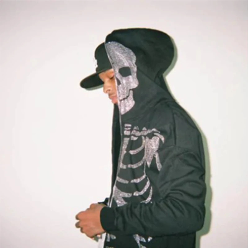 Men's Hoodies Grunge Y2k Clothing Rhinestone Skeleton Men's Hooded Gothic Full Zip Top Punk Jacket Sweatshirt Sudaderas 2022 Autumn/Winter 2