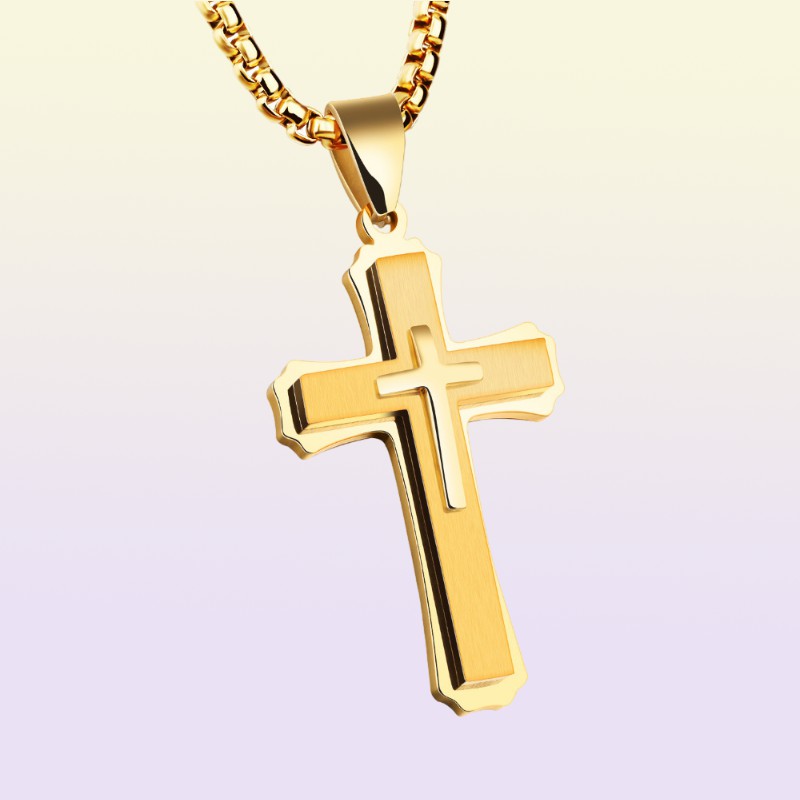 Hip Hop Cross Pendant Necklace For Men New WhiteBlack Gold Color Stainless Steel 55CM Box Link Chain Male Gift