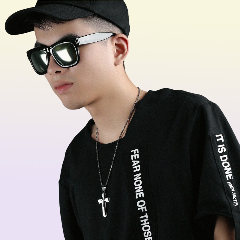 Hip Hop Cross Pendant Necklace For Men New WhiteBlack Gold Color Stainless Steel 55CM Box Link Chain Male Gift