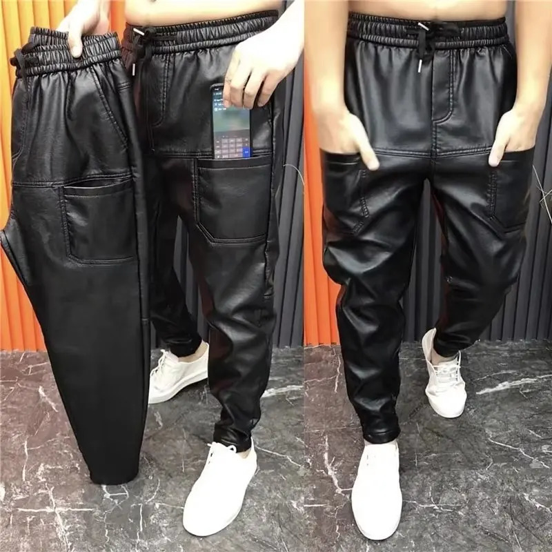 Men's Pants 2023 PU Leather Elastic Waist Loose Black Streetwear Slim Fit Motorcycle Windproof Clothing 231218