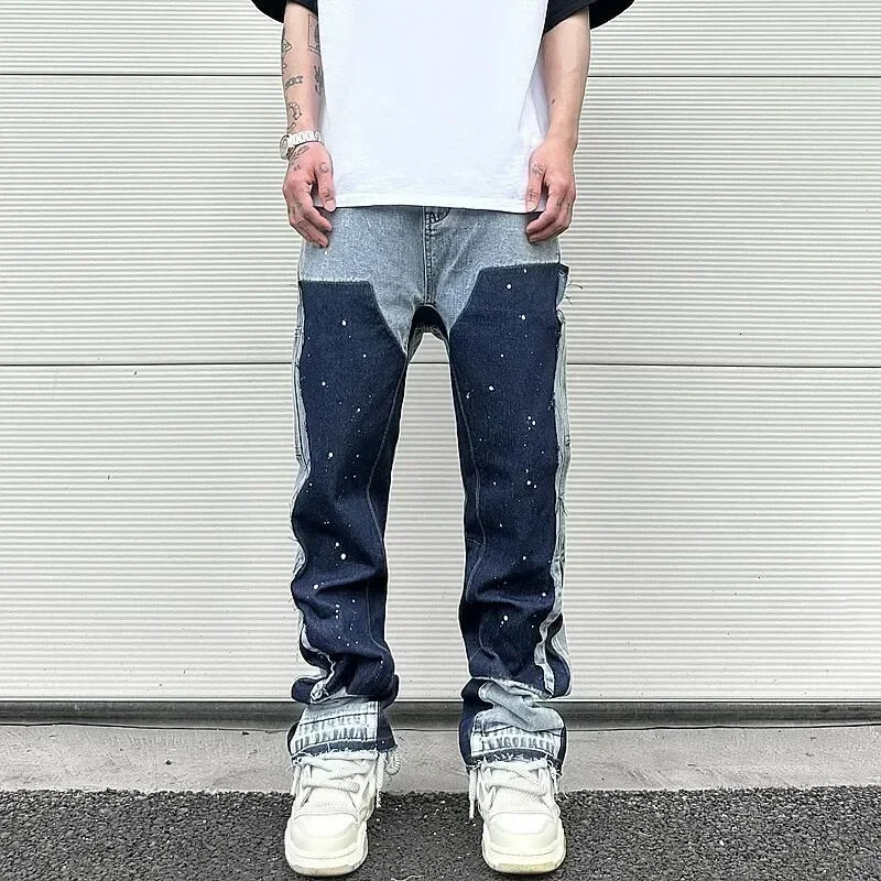 Men's Jeans European American retro trendy spliced jeans street style bootcut pants ink splash for male couples 231219