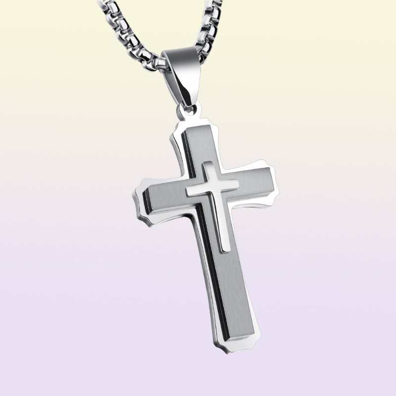 Hip Hop Cross Pendant Necklace For Men New WhiteBlack Gold Color Stainless Steel 55CM Box Link Chain Male Gift