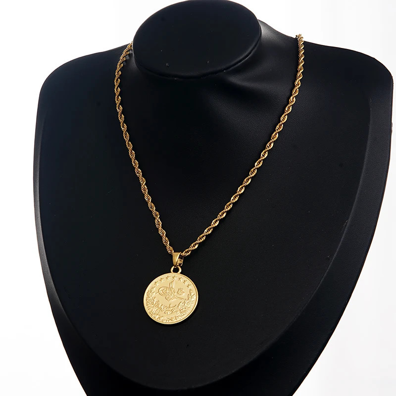 Pendant Necklaces Turkish Coin Gold Color Arabic Totem Necklace Pendants Copper Bridal Gifts Muslim Ethnic Wedding Jewelry Bijoux Women 231219