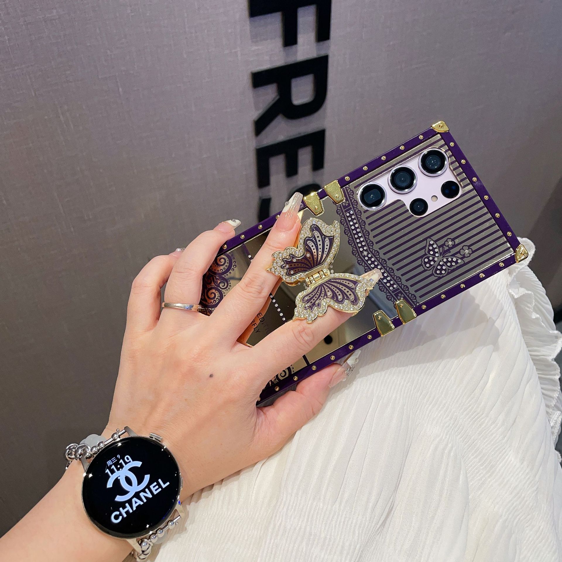 Luxury 3D Bling Diamond Butterfly Square Case Stand TPU Metal Corner Plating Mirror For Samsung S25 Ultra S24 FE S23 Plus S22 S21 A05 A05S A06 A16 A26