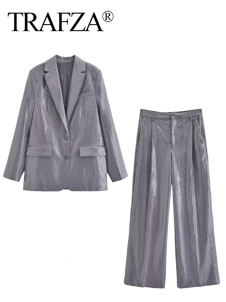 TRAFZA Female Set Turn Down Collar Long Sleeve Sequins Decorate Single Breasted Blazer High Waist Trousers Woman Winter Suits 231220