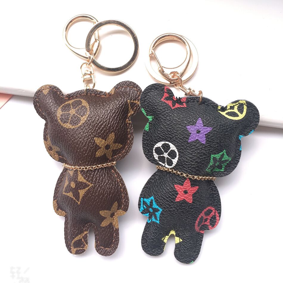 10 pieces Cute Bear Keychains Rhinestone PU Leather Flower Key Ring Car Key chain Jewelry Bag Charm Animal Keyring Holder