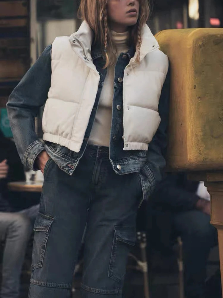 2024 Winter Autumn Cropped Vest with High Collar Front Hidden In seam Pockets Elastic Hem Zip and Snap Button Closure 231020