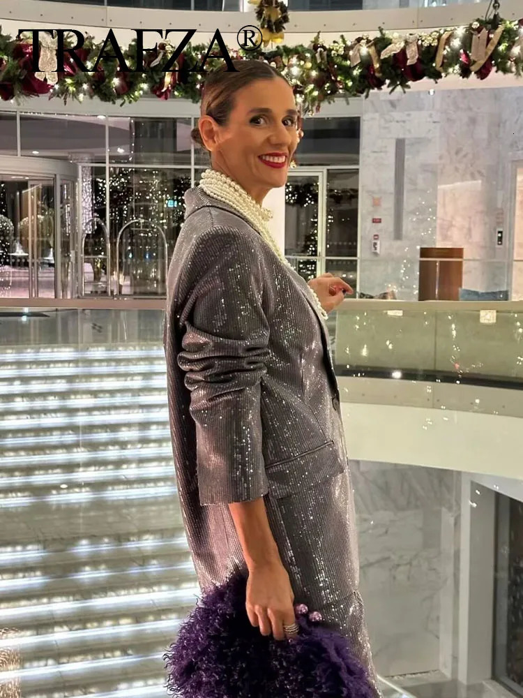 TRAFZA Female Set Turn Down Collar Long Sleeve Sequins Decorate Single Breasted Blazer High Waist Trousers Woman Winter Suits 231220