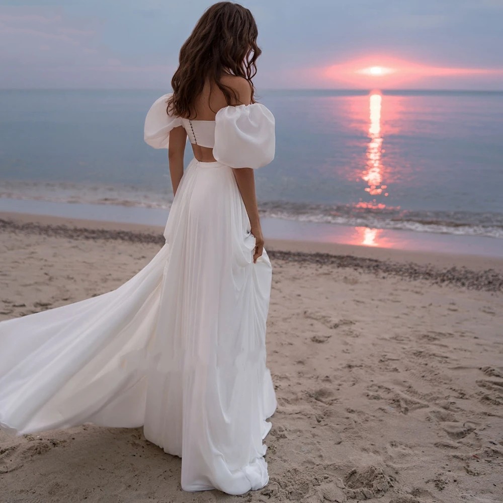 Two Pieces Simple Beach Wedding Dress For Women 2024 Lantern Sleeves Chiffon Bridal Summer Gown High Slit Vestido De Novia