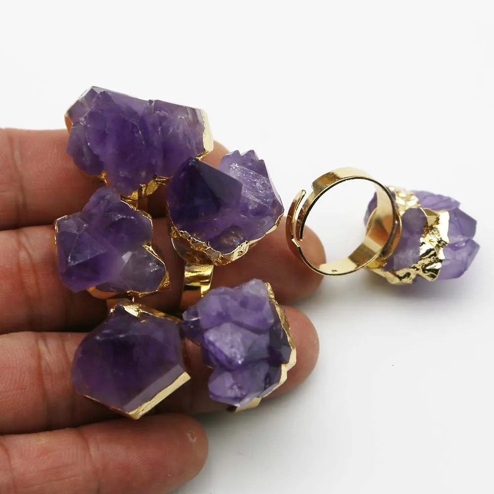 Band Rings Natural Stone Amethyst Irregular Opening Rings Cluster Rough Gold Plated Women Reiki Charm Healing Personality Jewelry Gift 8Pcs 231219