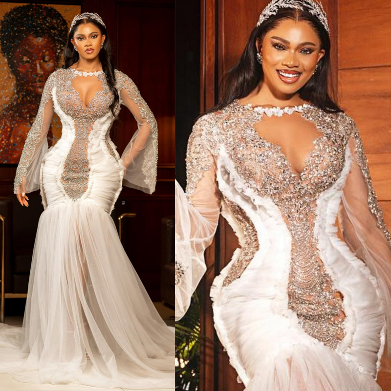urious Plus Size Aso Ebi Wedding Dresses Mermaid Illusion Sexy Tulle Long Sleeves Elegant Bridal Gowns African Black WomenDress for Brides Arabic Shin
