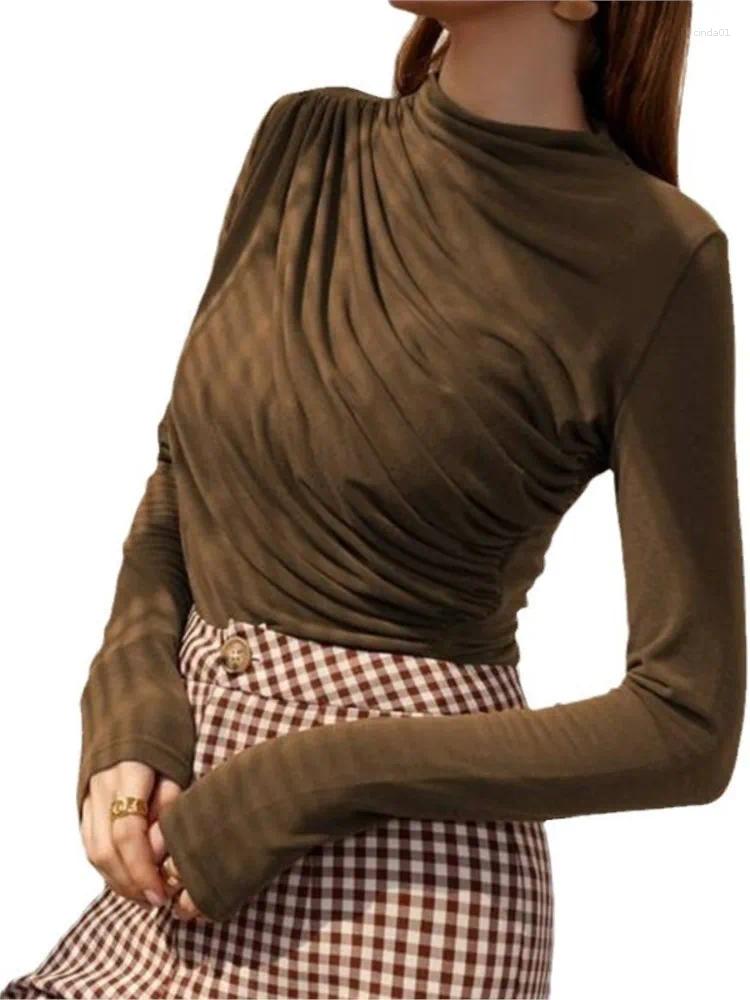 Womens T Shirts Fall Solid Long Sleeve Women T-shirt Casual Fashion Slim Folds Sheath Top Shirt Ladies Tees Elegant AAA Discount for in-store purchase