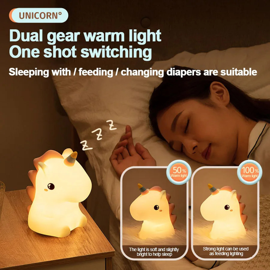 unicorn Cute Silicone LED Night Light For Kids children USB Rechargeable Cartoon Animal bedroom decor Touch Lamp for gifts 231220