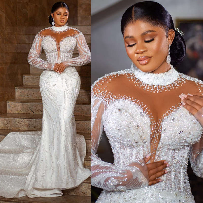 Luxurious Plus Size Aso Ebi Wedding Dresses Mermaid High Neck Long Sleeves Elegant Bridal Gowns for African Black Women Lace Dress for Brides Illusion