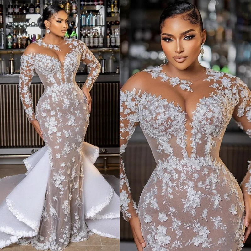 Size Aso Plus Ebi Wedding Dresses Mermaid Elegant Long Sleeves Sheer Neck Lace Beaded Dress For African Black Women With Detachable Train Bridal Gowns