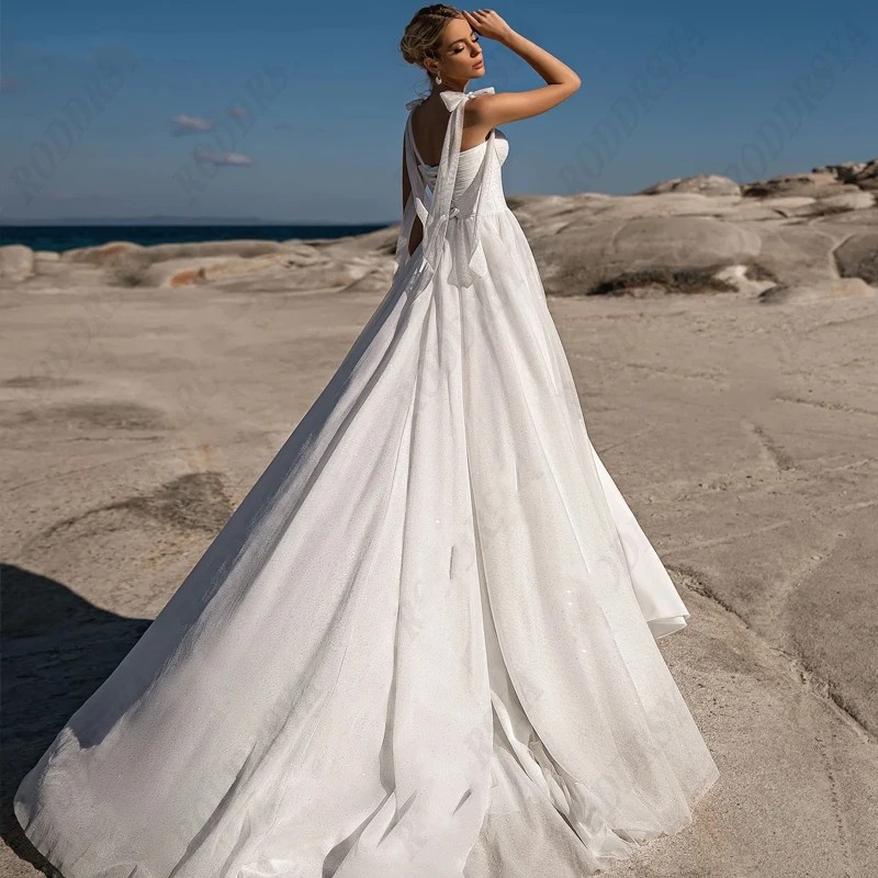 Elegant A-Line Wedding Dress For Women 2024 Spaghetti Straps Bow Lace Up Tulle A-line Bridal Gown Boho Vestido De Novia