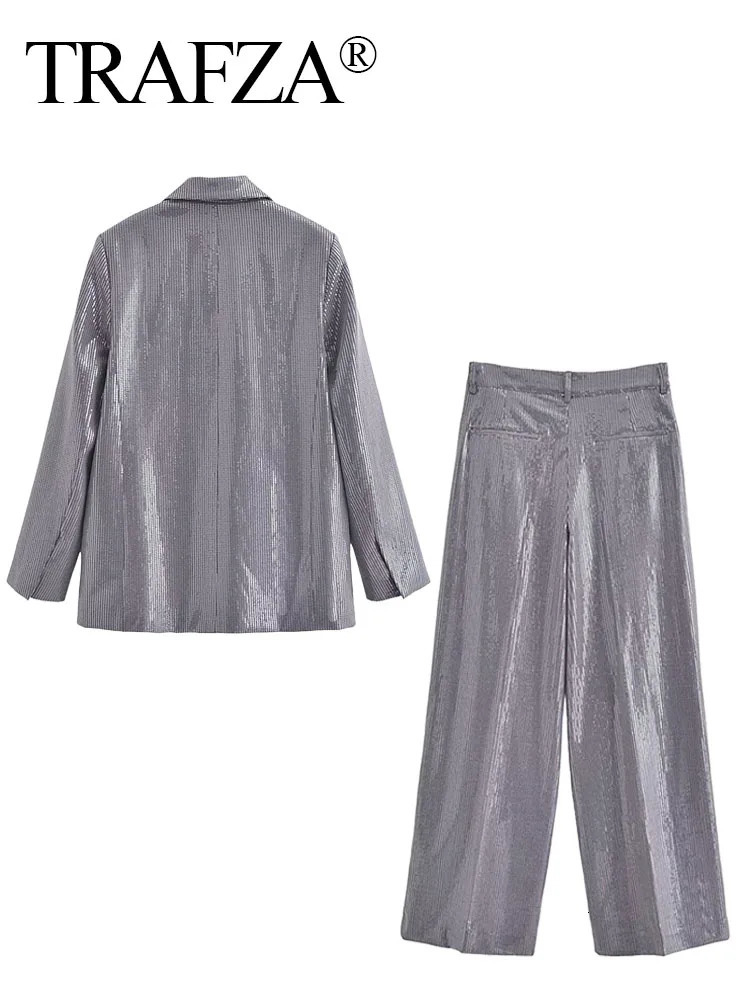 TRAFZA Female Set Turn Down Collar Long Sleeve Sequins Decorate Single Breasted Blazer High Waist Trousers Woman Winter Suits 231220
