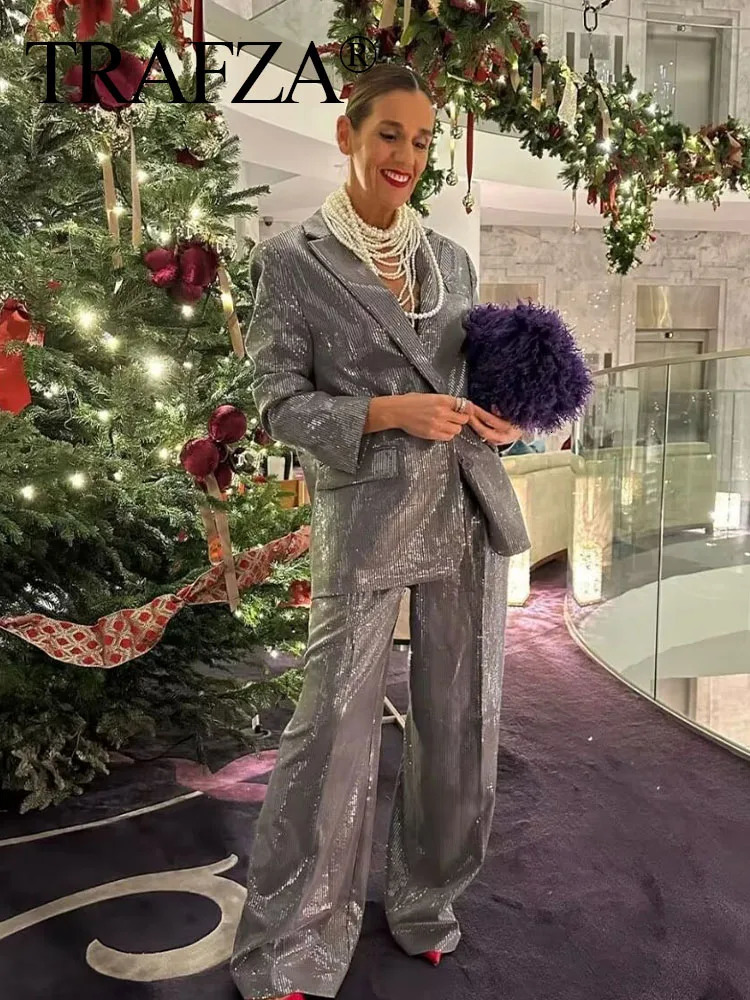 TRAFZA Female Set Turn Down Collar Long Sleeve Sequins Decorate Single Breasted Blazer High Waist Trousers Woman Winter Suits 231220