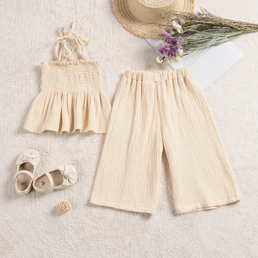Clothing Sets Baby Girl Muslin Cotton Sets Clothing for Girls Kids born Item Summer Solid Color Sleveless Short Wide Leg Pants Camisole 231219