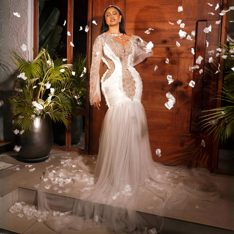 urious Plus Size Aso Ebi Wedding Dresses Mermaid Illusion Sexy Tulle Long Sleeves Elegant Bridal Gowns African Black WomenDress for Brides Arabic Shin