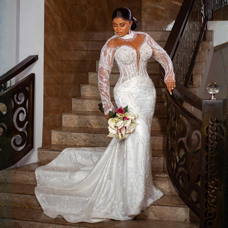 Luxurious Plus Size Aso Ebi Wedding Dresses Mermaid High Neck Long Sleeves Elegant Bridal Gowns for African Black Women Lace Dress for Brides Illusion