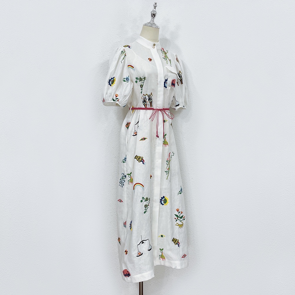 Australian designer dress, white dress, linen embroidery, small stand up collar, loose waistband, shirt style dress, 2024 new robe dresses for women