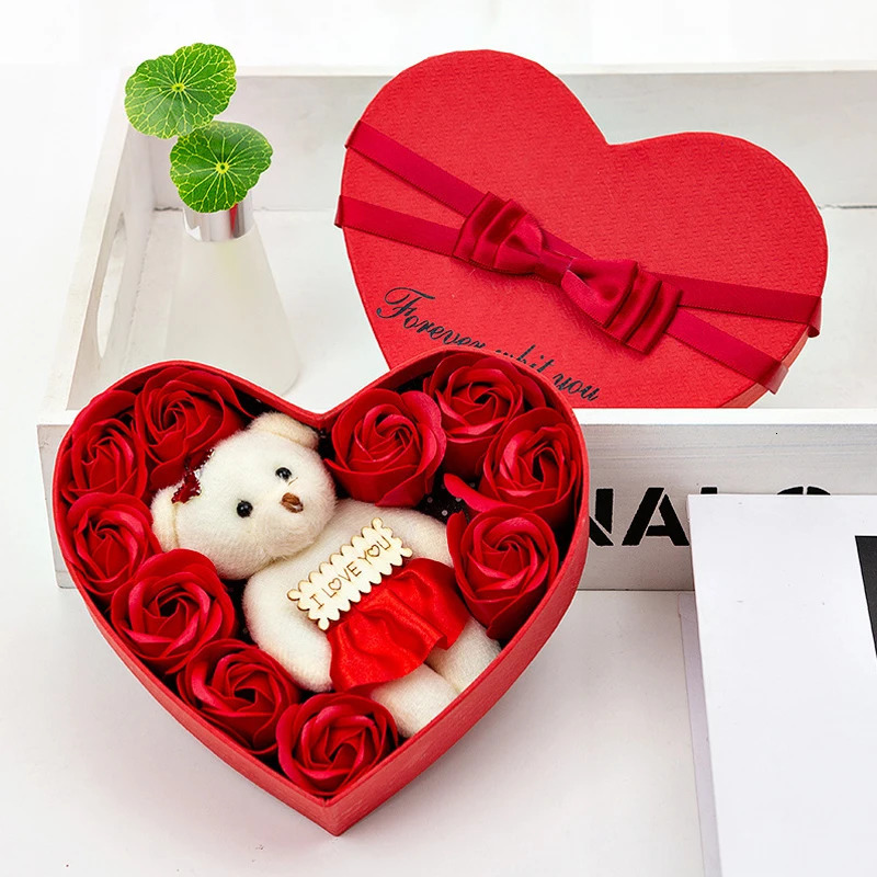 Jewelry Boxes Decoration Soap Artificial Rose Flower San Valentine Gift Teddy Bear Rose Artificielle Flower Valentines Day Box Heart Rose Bear 231219