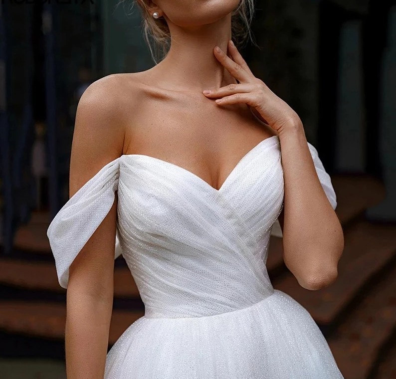 Glitter A-Line Wedding Dress Women 2024 Off Shoulder Pleats Sweep Train Tulle Bridal Bride Gown Vestido De Novia