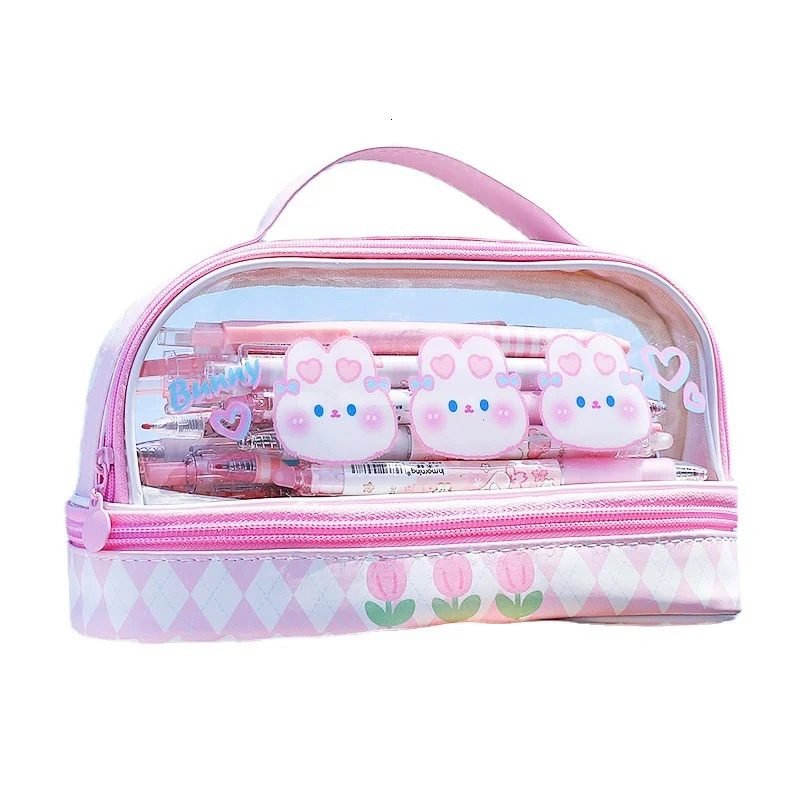 Portable Doublelayer Transparent Pencil Cases Pouch School Holsters Stationery Supplies Pretty Cute Korean Pencilcase Box Bag 231220