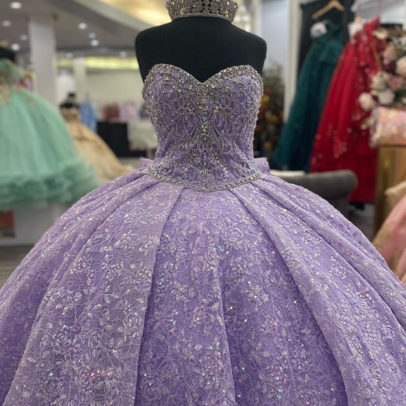 Lavande Quinceanera Prom Off the Shoulder Sweet 15 Sequin Graduation Applique Lace Beads Bow Party Princess Dress