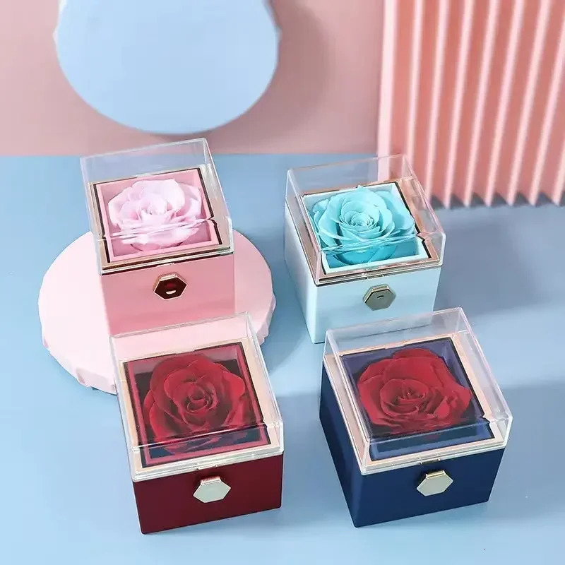 Jewelry Boxes Customized Eternal Rose Acrylic Jewelry Rotating Flower Gift Box Wedding Ring Box Necklace Storage Box For Girlfriend 231219
