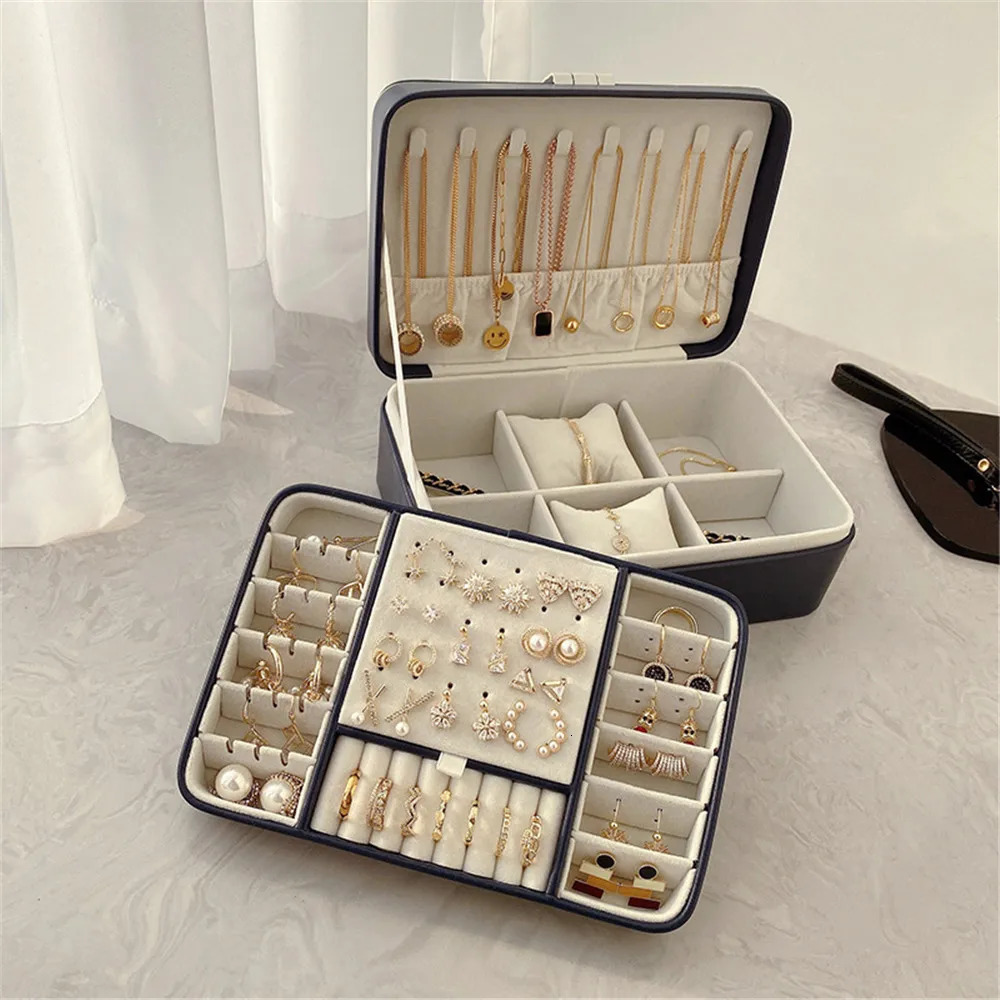 Jewelry Boxes Double Layer Jewelry Organizer Display Travel Jewelry Case Portable Leather Earring Necklace Ring Bracelet Storage Packaging Box 231219