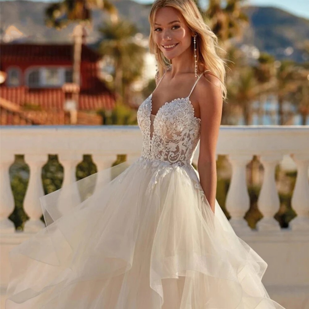 Vintage A-Line Wedding Dress Women 2024 Pleat Spaghetti Straps Lace Appliuqes Ruffles Tulle Bridal Bride Gown Vestido De Novia