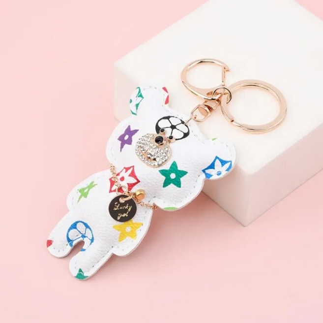 10 pieces Cute Bear Keychains Rhinestone PU Leather Flower Key Ring Car Key chain Jewelry Bag Charm Animal Keyring Holder