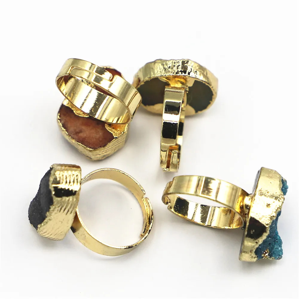 Band Rings Mixed Color Crystal Cluster Natural Stone Gold Face Druzys Men Rings Secret for Women Girls Wedding Party Fashion Jewelry 10PCS 231219