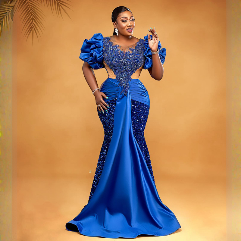 Plus Size Prom Dresses For Black Women Royal Blue Cap Sleeves Mermaid Illusion Sheer Neck Elegant Evening Dress Promdress African Birthday Party Gowns