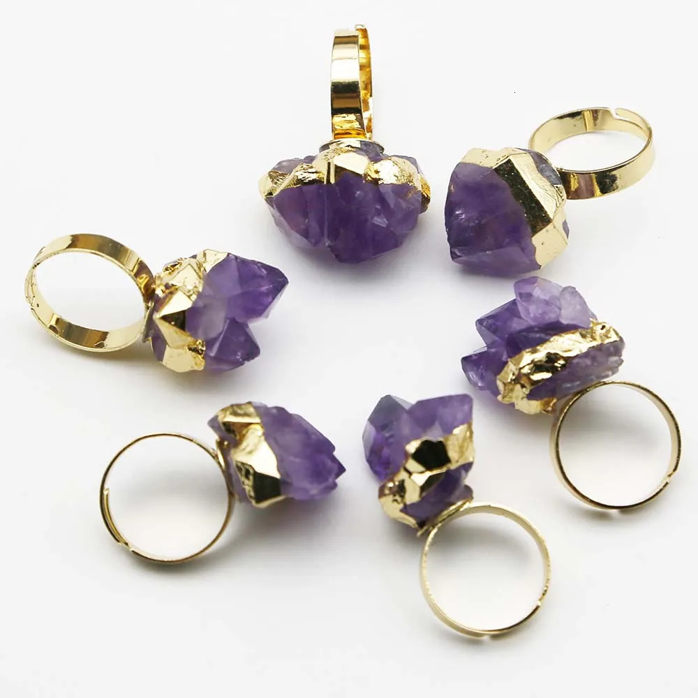Band Rings Natural Stone Amethyst Irregular Opening Rings Cluster Rough Gold Plated Women Reiki Charm Healing Personality Jewelry Gift 8Pcs 231219