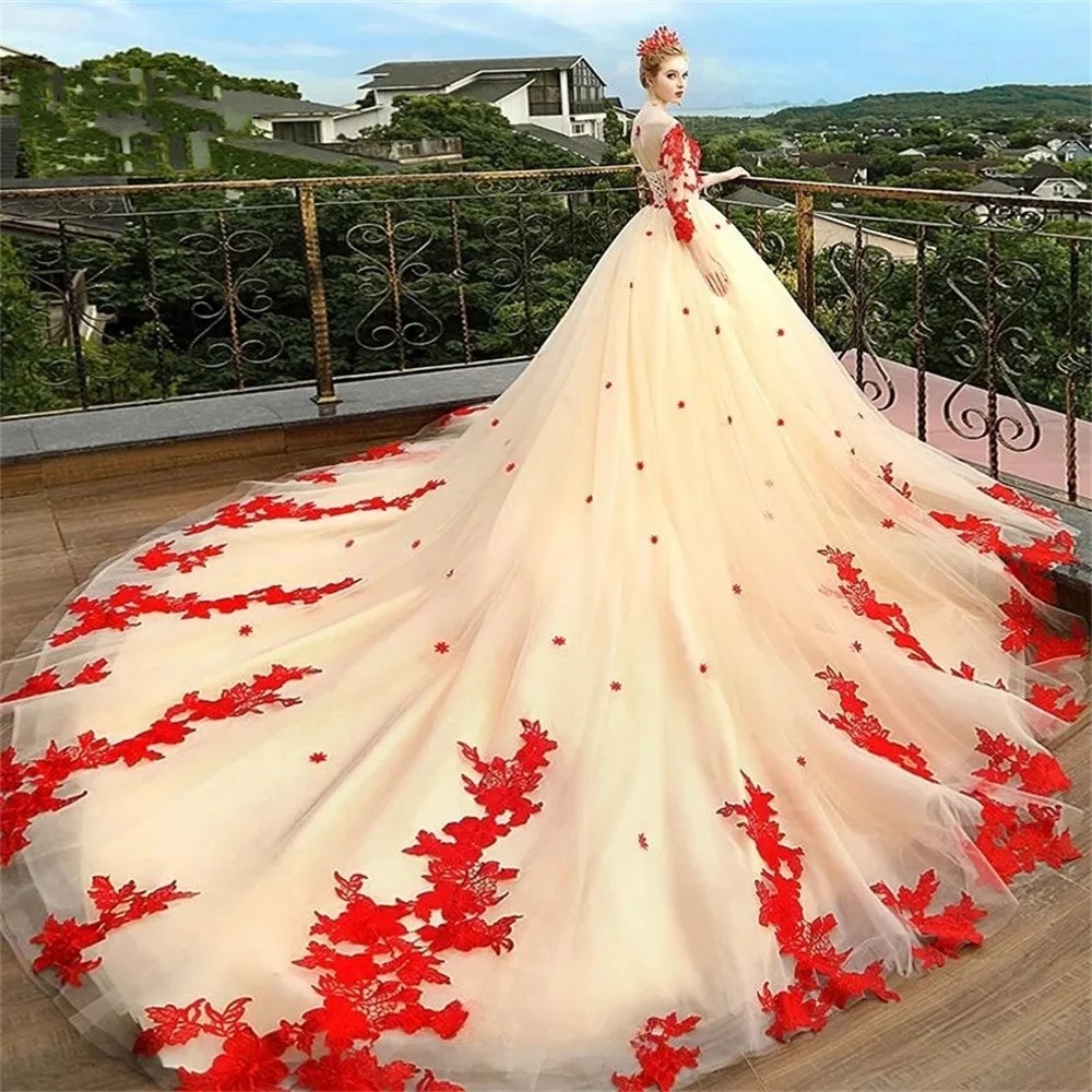 Champagne A-Line Wedding Dress Women 2024 Scoop Red Lace Appliuqes 3/4 Sleeve Tulle Bridal Bride Gown Vestido De Novia Customed
