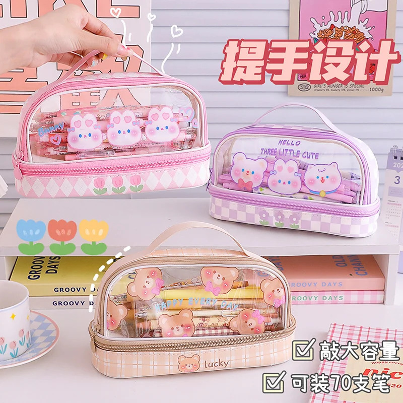 Portable Doublelayer Transparent Pencil Cases Pouch School Holsters Stationery Supplies Pretty Cute Korean Pencilcase Box Bag 231220