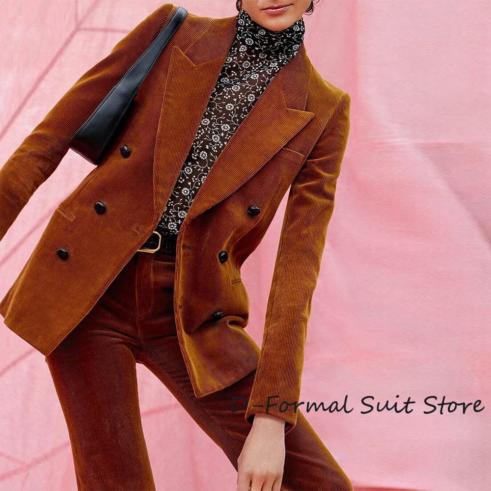 Women's 2 Piece Suit Female Double Breasted Corduroy Pant Sets Fashion Slim Fit Blazer Set 240105