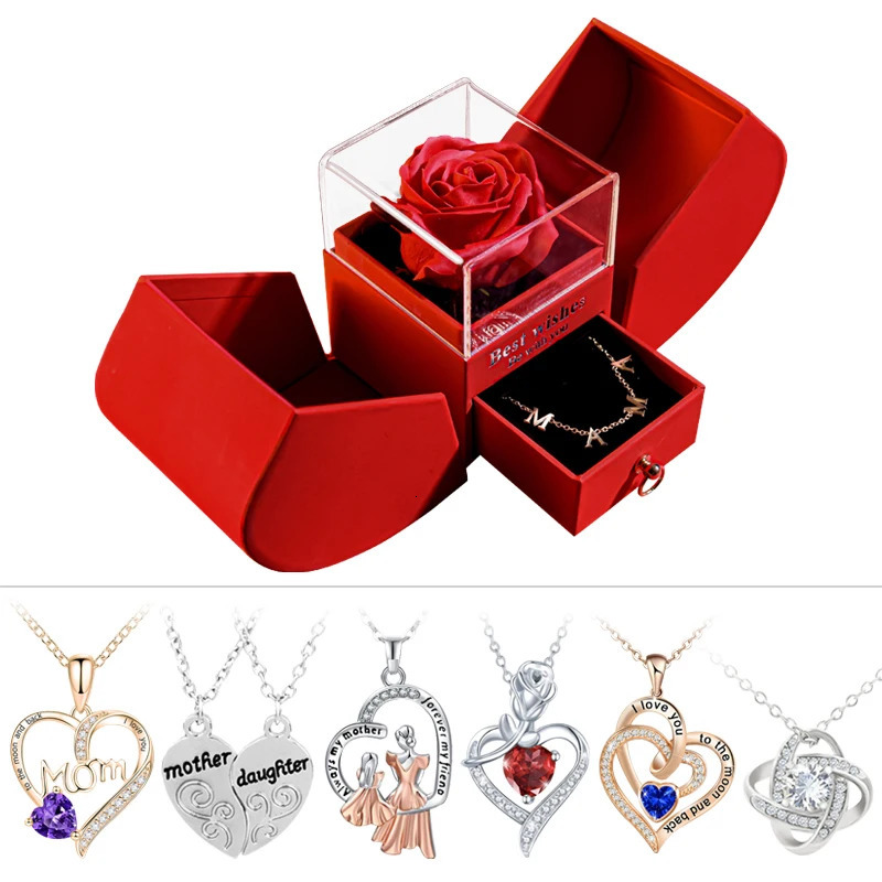 Jewelry Boxes Gift for Women Eternal Rose Gift Box /w Heart Necklace I Love You To The Moon and Back Flower Jewelry Box for Wedding Birthday 231219
